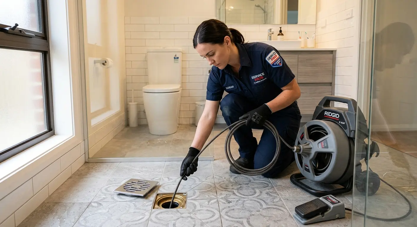 Technician clearing a bathroom floor drain for Drain Repair in Mount Zion